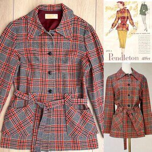 Vintage 60s Pendleton Tartan Lightweight Wool 49er Jacket & Detachable Belt 14